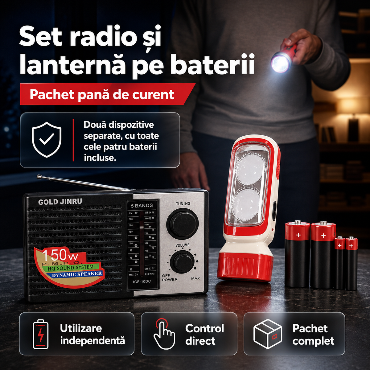 Radio+lanterna+2 baterii mici+2 mari
