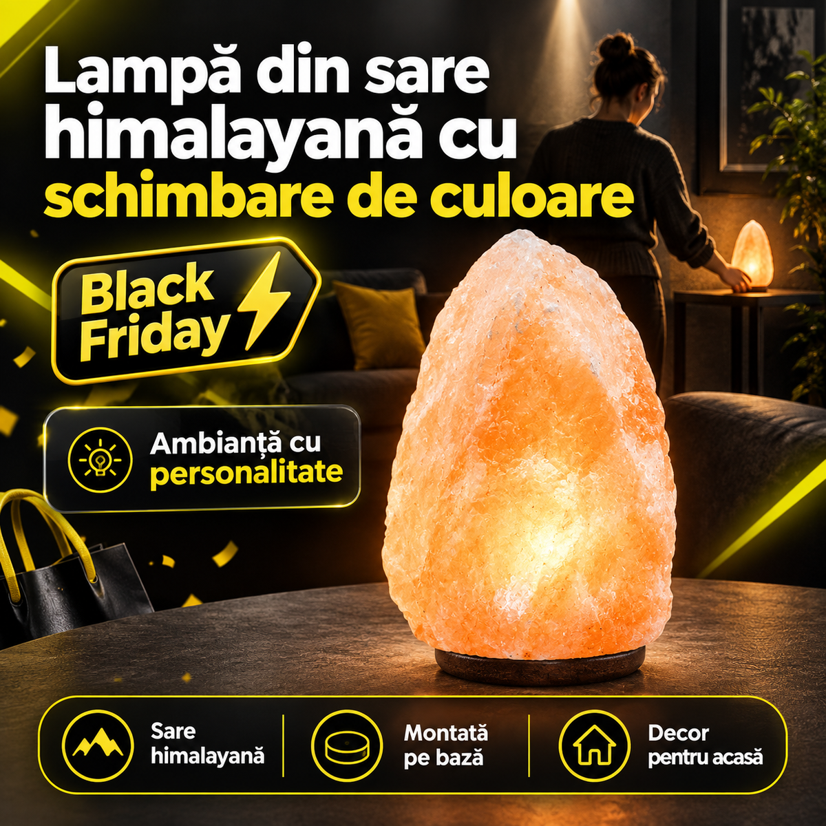 Lampă din sare himalayană cu schimbare de culoare