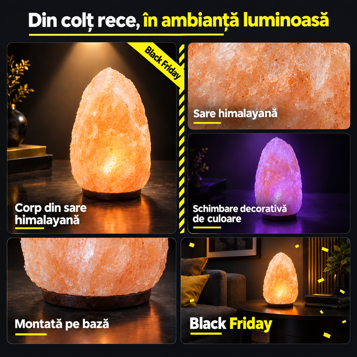 Lampă din sare himalayană cu schimbare de culoare
