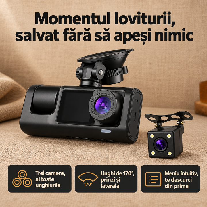 Cameră auto triplă față-spate-interior cu wifi, ecran IPS 2 inch