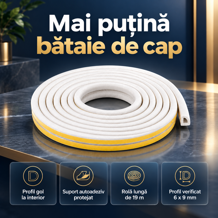 1+1 GRATIS Cheder autoadeziv alb pentru ușă 1cm x 19m, profil 6x9mm