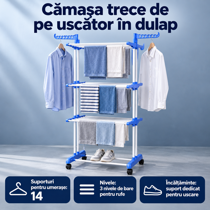 Trockel Uscător rufe vertical pe roți, 3 nivele, extensibil până la 64x170