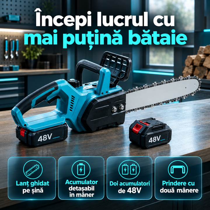Drujbă electrică cu acumulator detașabil pentru tăierea lemnului