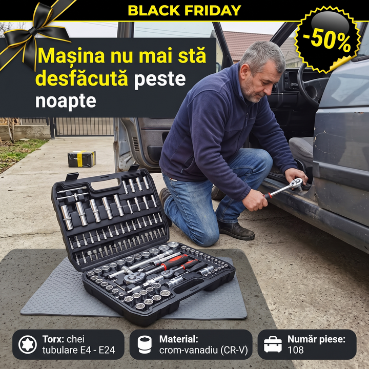 Trusă chei tubulare 108 piese, clichet reversibil și Torx Drehmann