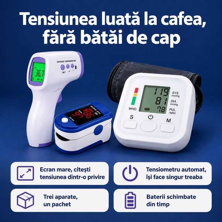 Pulsberg Pachet tensiometru de braț, pulsoximetru și termometru fără contact