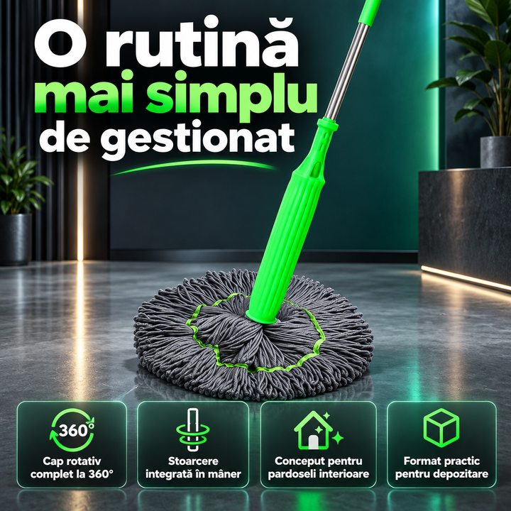 Mop rotativ 360° cu stoarcere integrată în mâner