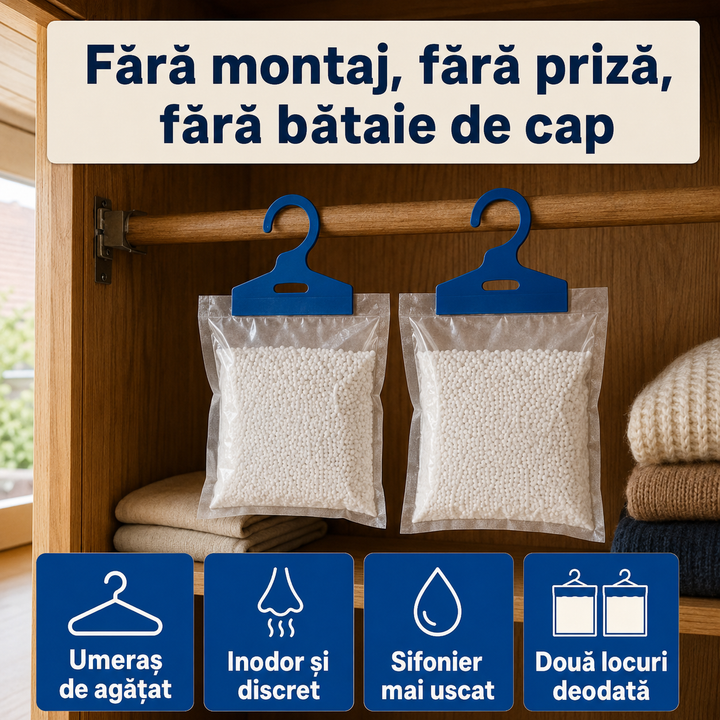 1+1 GRATIS Săculeț dezumidificator pasiv cu umeraș, inodor, pentru sifonier și dulap